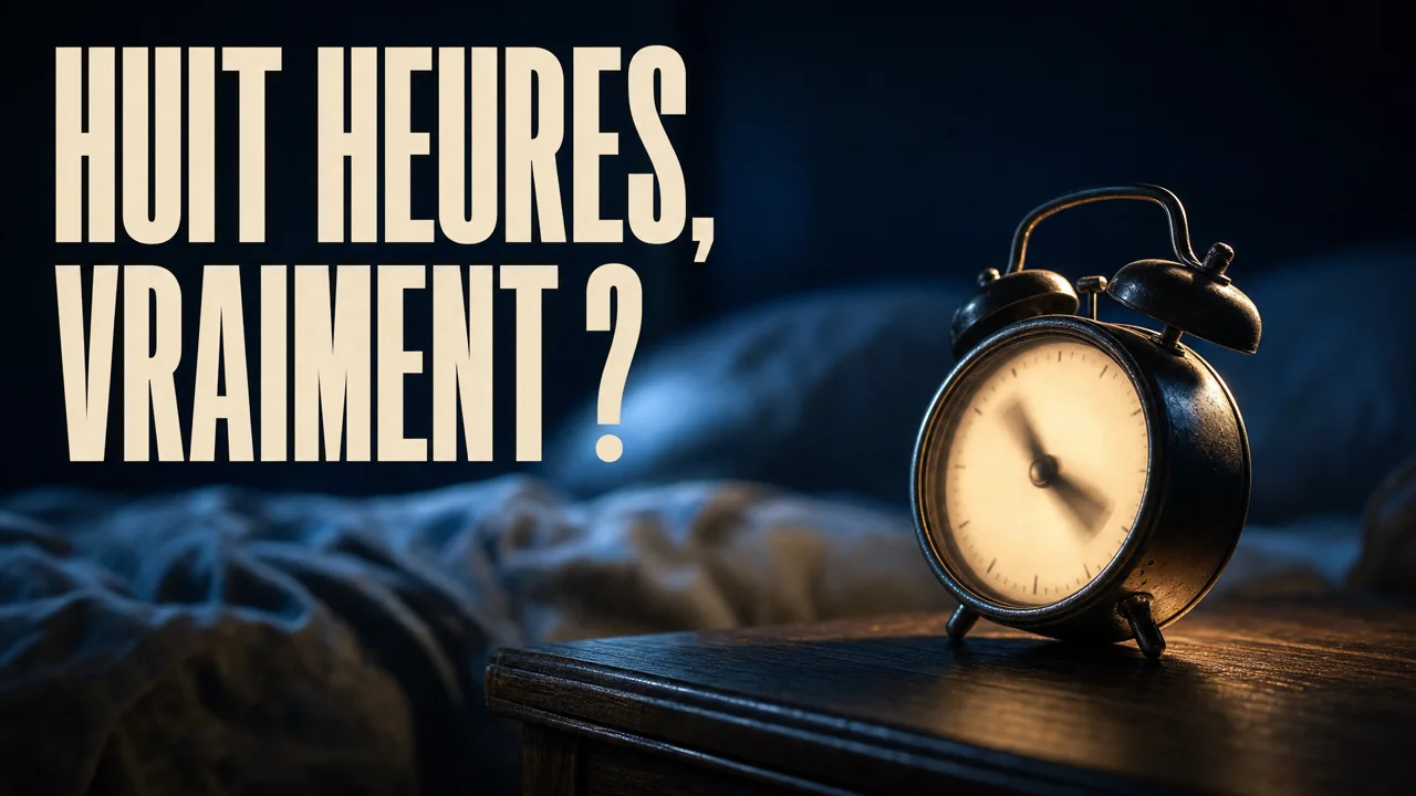 Un petit réveil analogique posé sur une table de nuit dans la pénombre bleue, son contour souligné d’un fin liseré de lumière chaude, avec l’accroche « HUIT HEURES, VRAIMENT ? ».