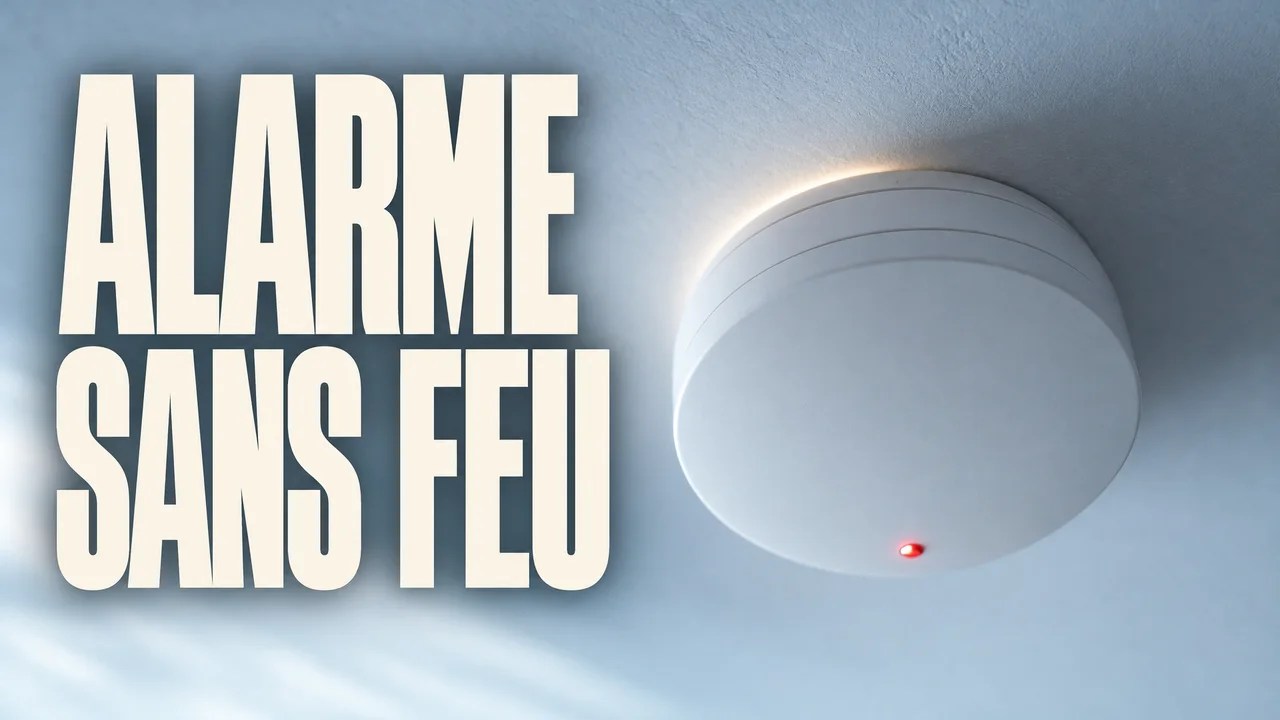Un détecteur de fumée blanc au plafond, son petit voyant rouge allumé dans la lumière bleue de l’aube, avec l’accroche « ALARME SANS FEU ».