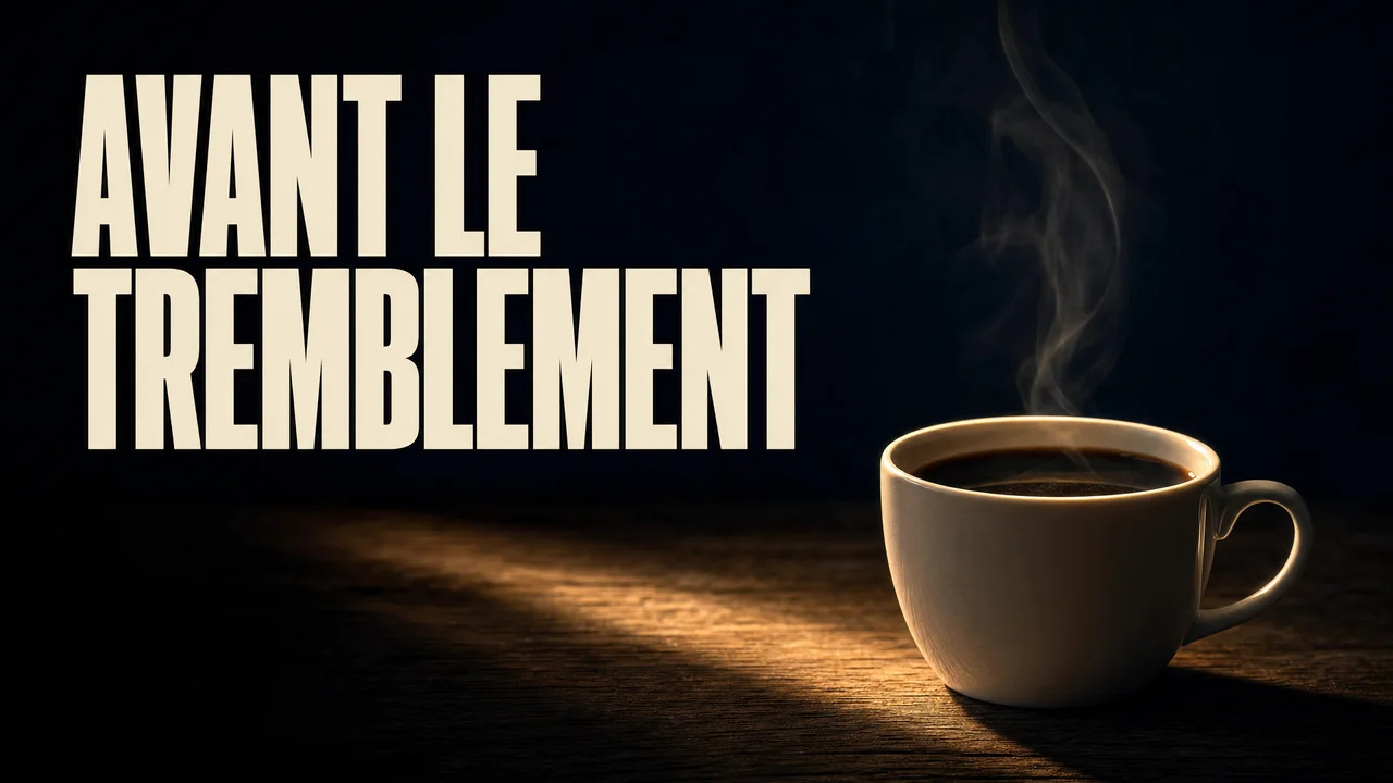 Une tasse blanche de café posée seule sur une table de bois sombre, un mince filet de vapeur, dans une lumière de petit matin, avec l'accroche « AVANT LE TREMBLEMENT ».
