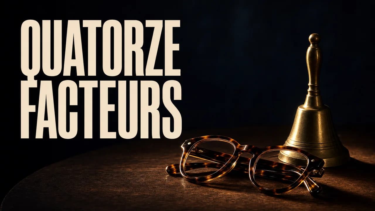 Une paire de lunettes de lecture pliées en écaille posée sur une table de bois sombre à côté d'une petite cloche de laiton, soulignées d'une fine lumière chaude sur fond bleu nuit, avec l'accroche « QUATORZE FACTEURS ».