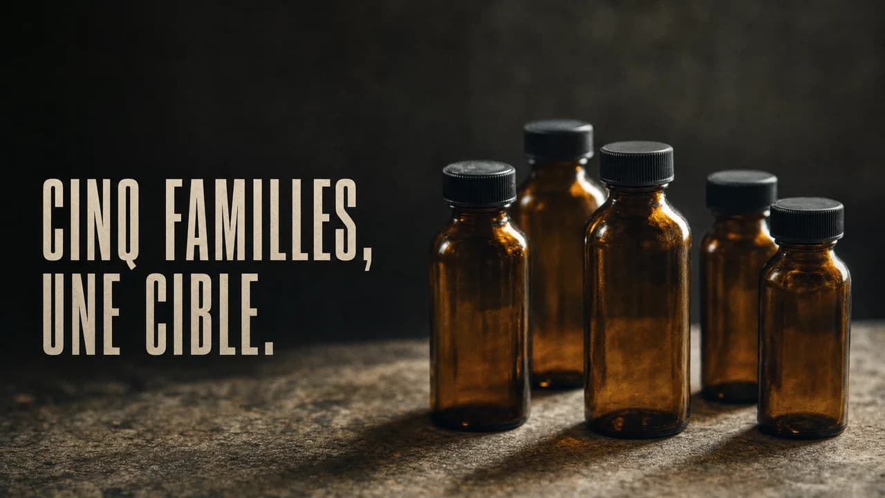 Cinq petits flacons de verre ambré sans étiquette, alignés en arc sur un plan de travail en pierre, lumière du matin, fond sombre. Accroche : « Cinq familles, une cible ».