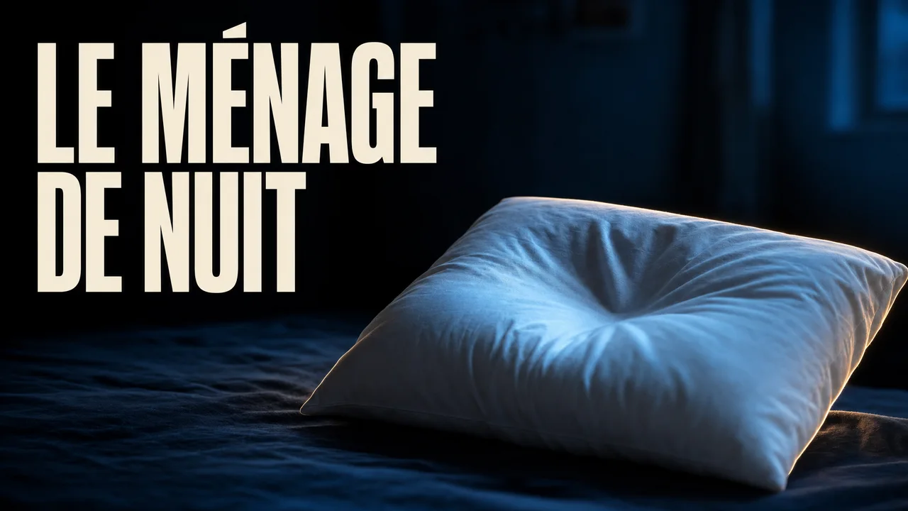 Un oreiller blanc creusé en son milieu, posé sur un lit sombre dans une lumière de lune bleue, avec l'accroche « LE MÉNAGE DE NUIT ».
