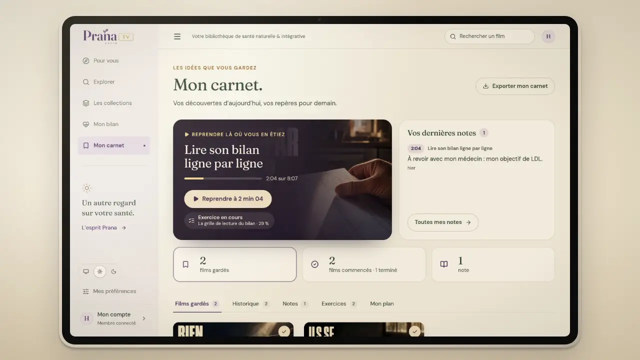 Votre carnet garde vos notes, vos exercices et votre plan.